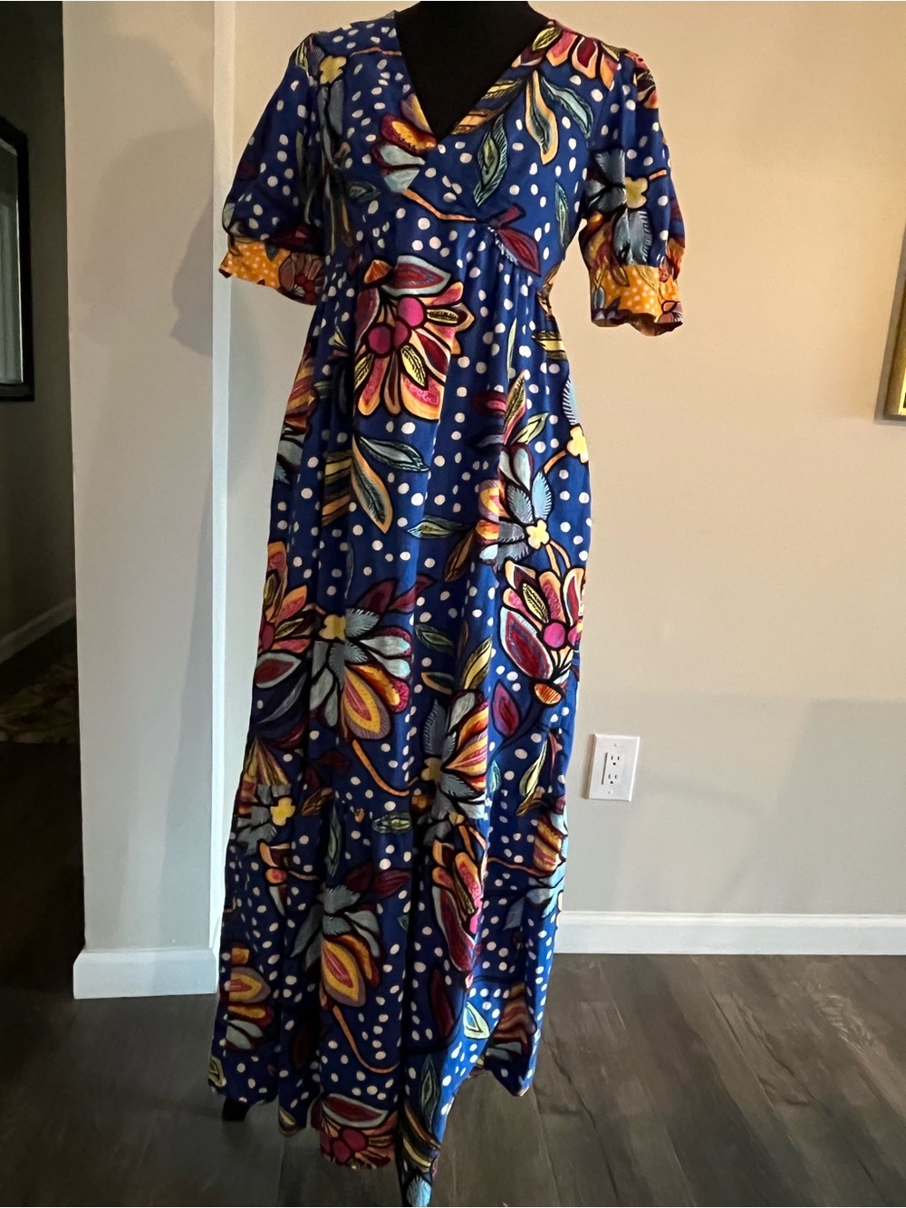Tabitha Brown Floral Polka Dot Maxi Dress | Size 0 | Pockets | Side Zip EUC